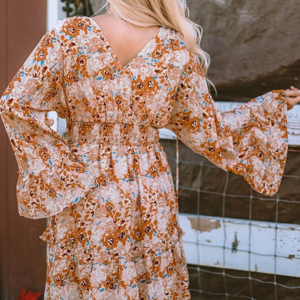 Orange Floral Smocked Waist Dress - Picture 8 of 11